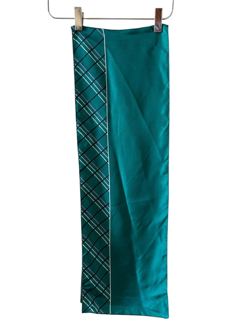 Vintage Rectangular Silk Scarf Teal Striped Print